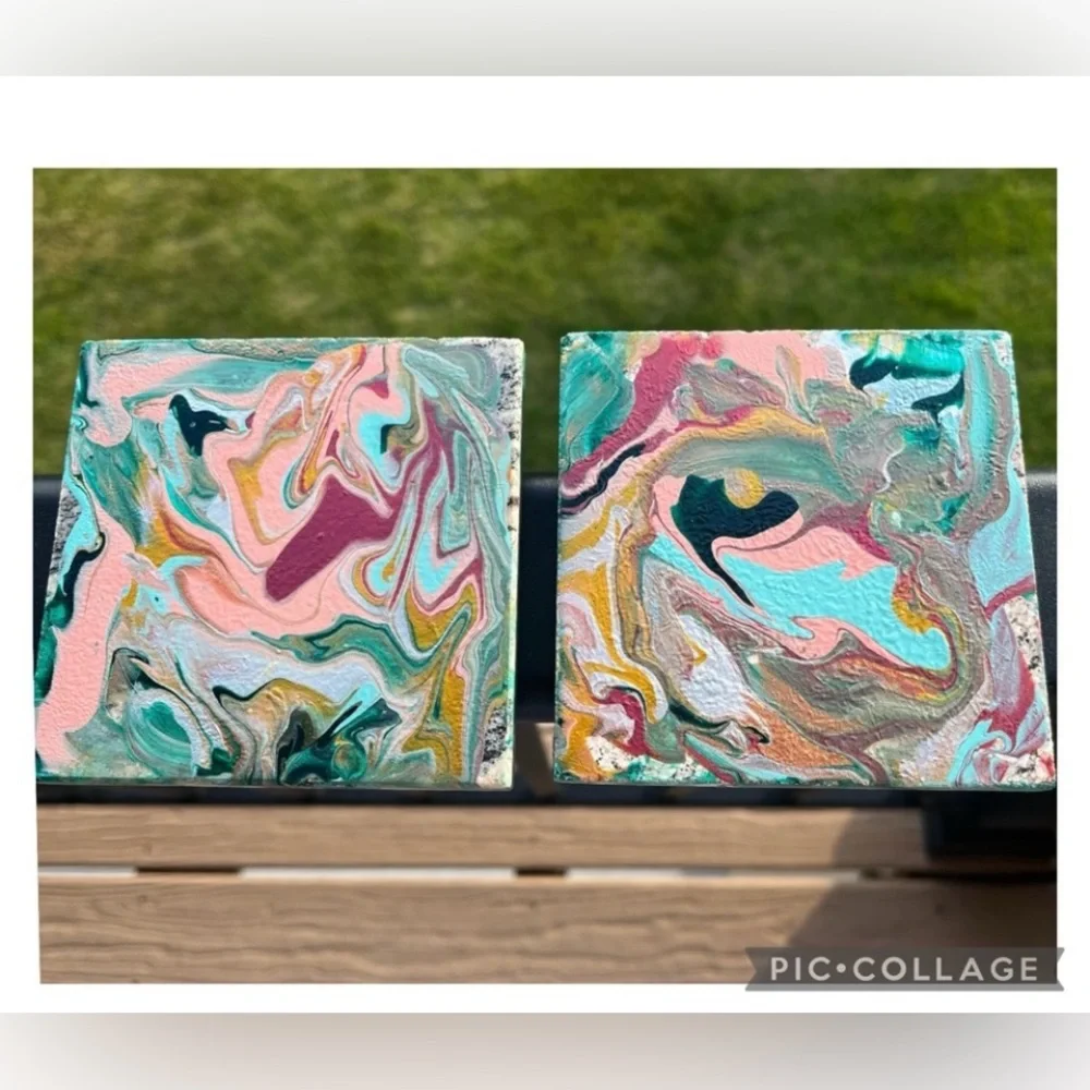 Handmade Acrylic Pour Art Coasters Set of 2 Abstract Marble Resin Look 4x4